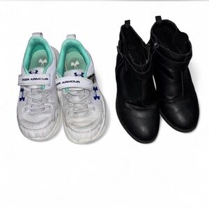 Under Armour Kids White and Teal Sneakers and Black dress Boots